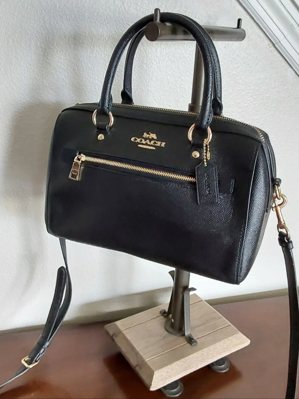 Coach Rowen Black Leather Dome Satchel with Gold Hardware